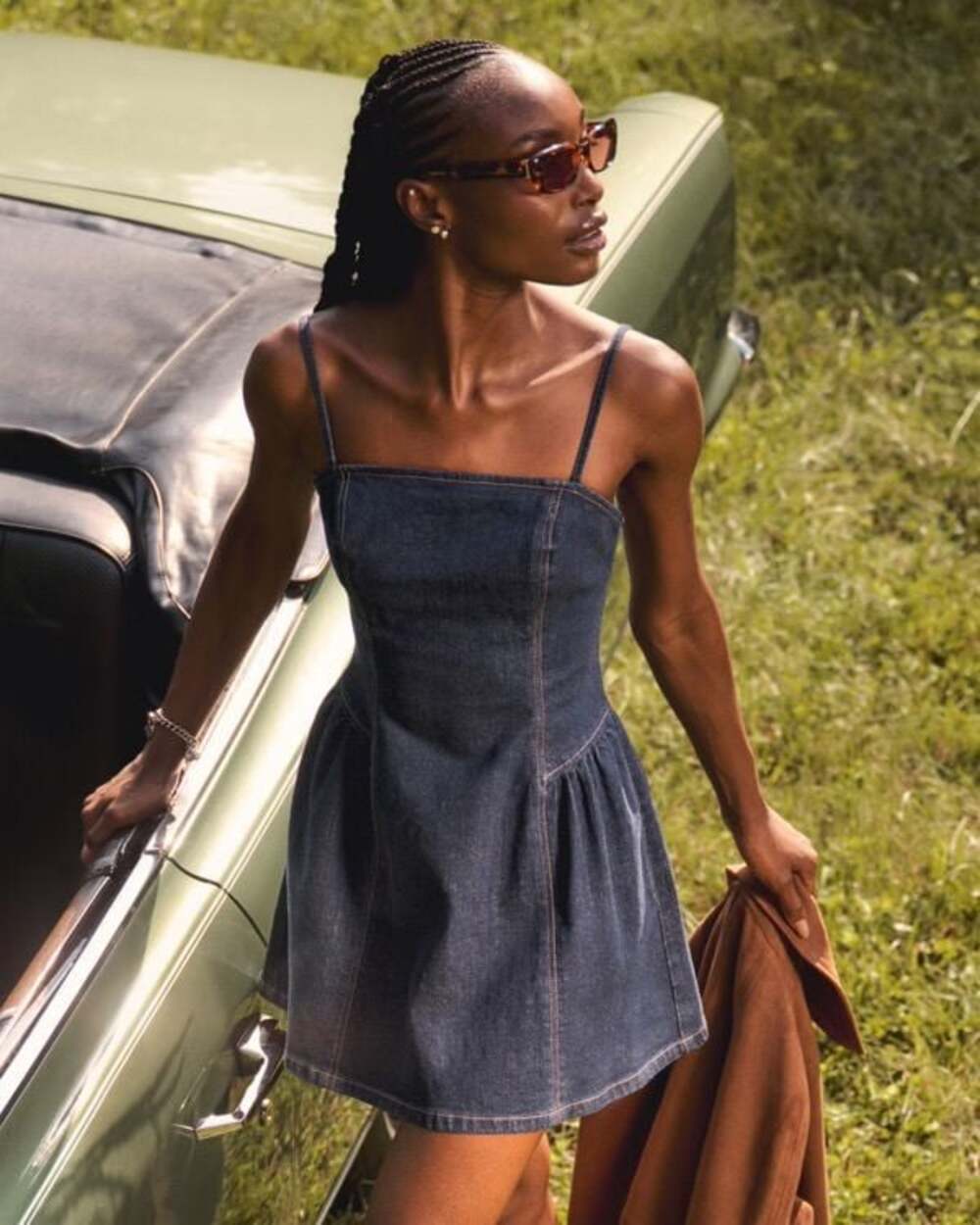 Abercrombie & Fitch Dipped-Waist Denim Crossback Mini Dress in Dark Wash